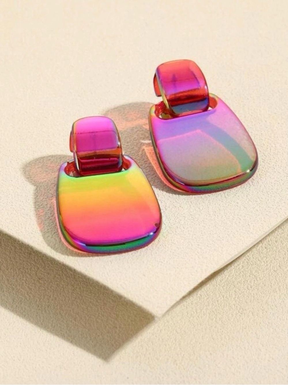 Magenta Iridescent Colorful Rainbow Earrings Acrylic Square Dangle Jewelry - Picture 7 of 7